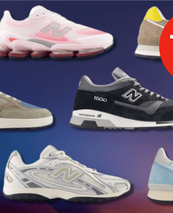 Verschiedene New Balance Modelle vor einem blauen Hintergrund.