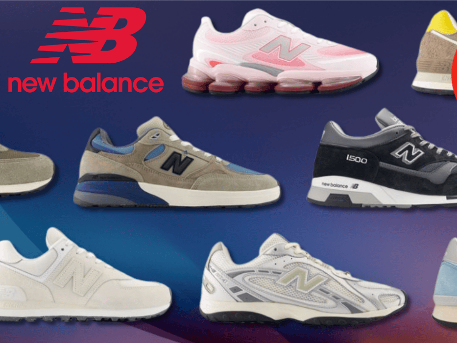 Verschiedene New Balance Modelle vor einem blauen Hintergrund.