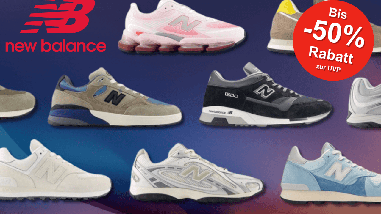 Verschiedene New Balance Modelle vor einem blauen Hintergrund.