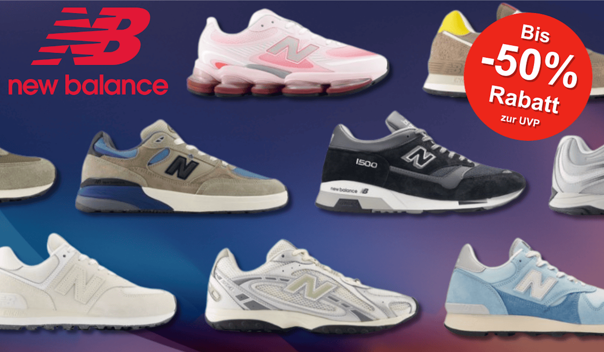 Verschiedene New Balance Modelle vor einem blauen Hintergrund.