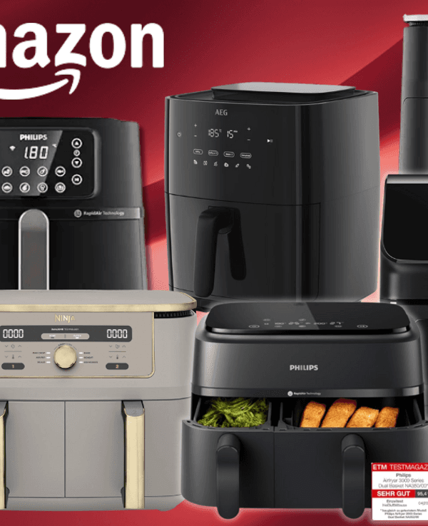 Verschiedene Airfryer von Cosori, Tefal, Ninja und Philips vor einem roten Hintergrund.