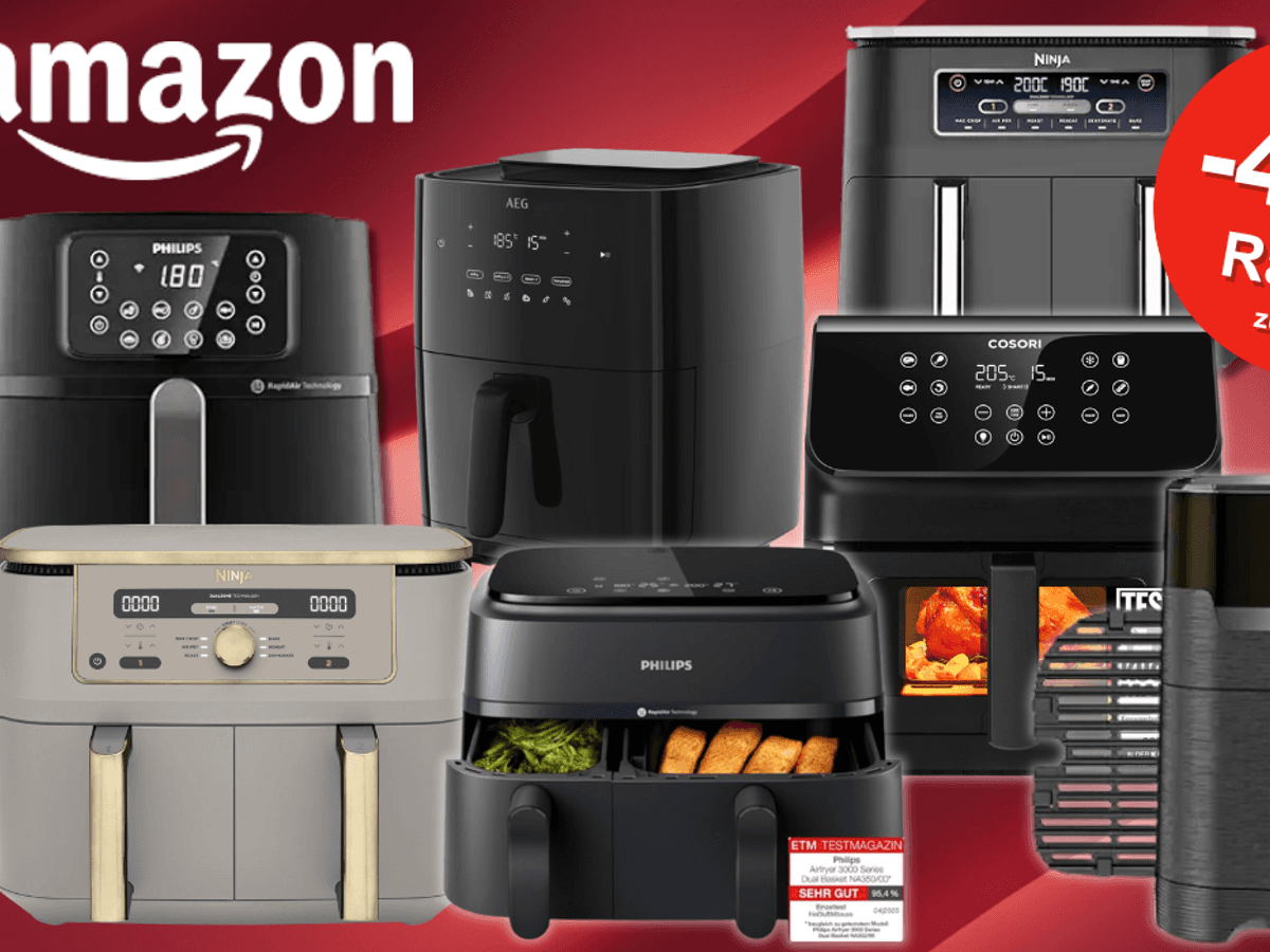 Verschiedene Airfryer von Cosori, Tefal, Ninja und Philips vor einem roten Hintergrund.