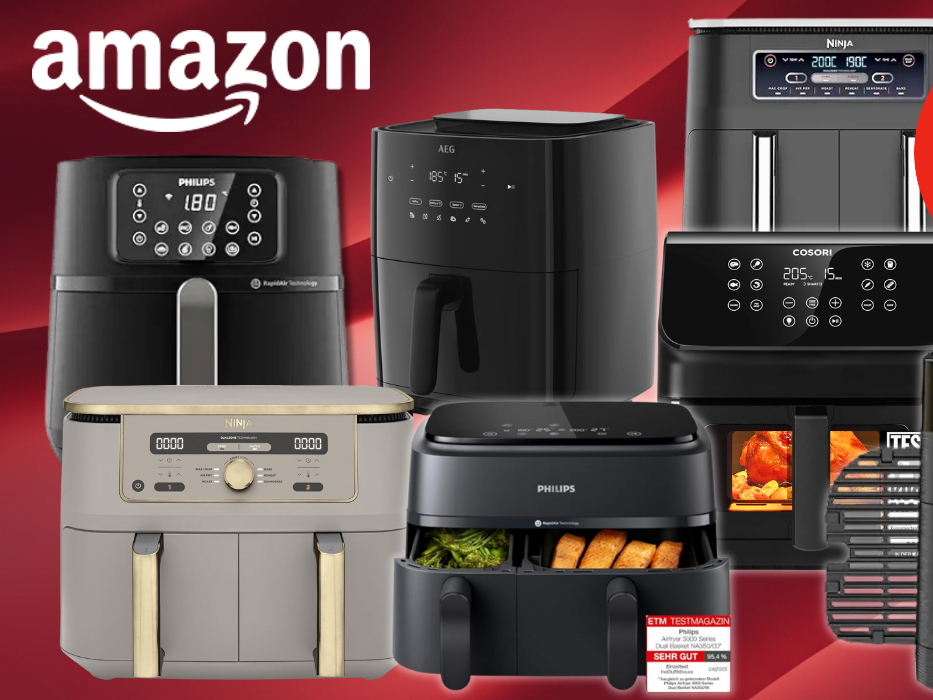 Verschiedene Airfryer von Cosori, Tefal, Ninja und Philips vor einem roten Hintergrund.
