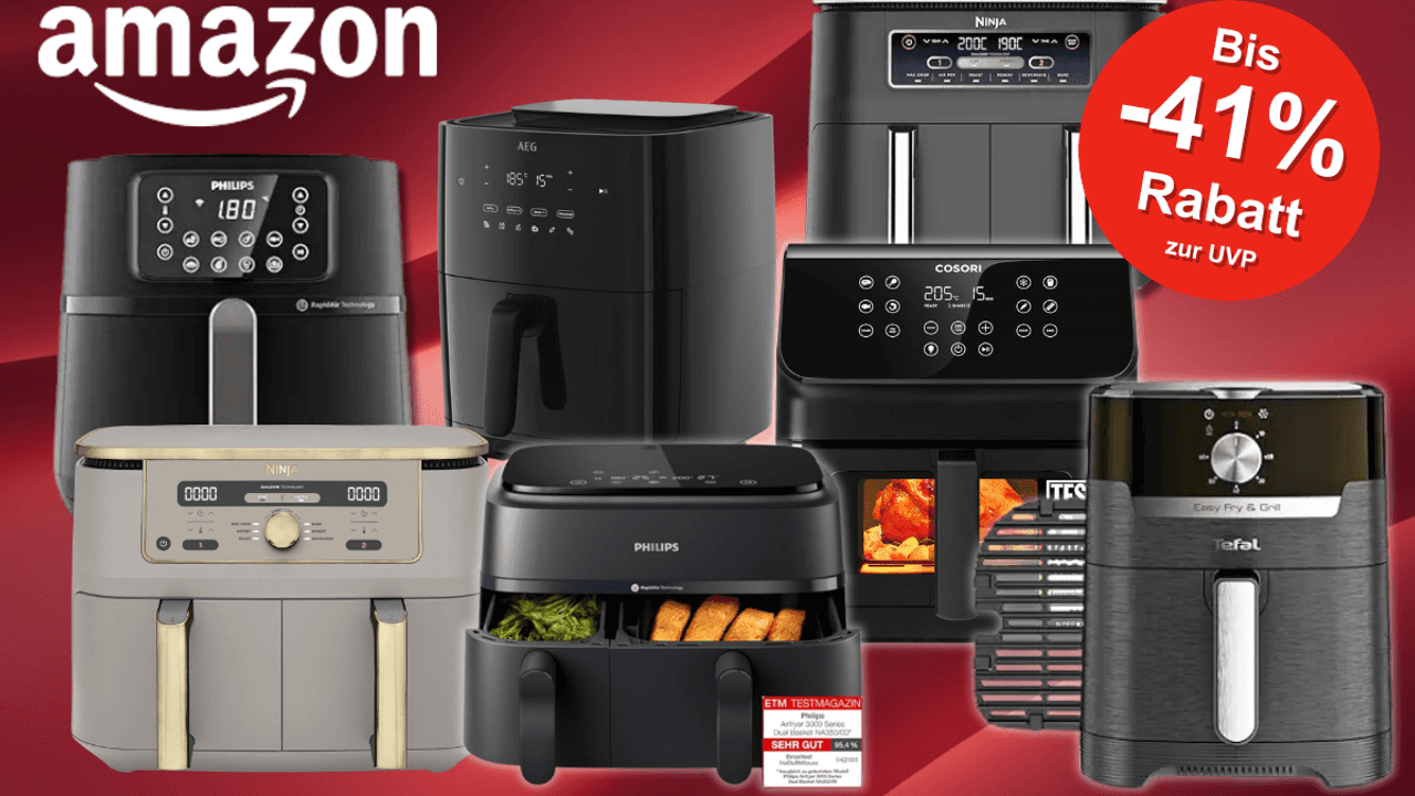Verschiedene Airfryer von Cosori, Tefal, Ninja und Philips vor einem roten Hintergrund.