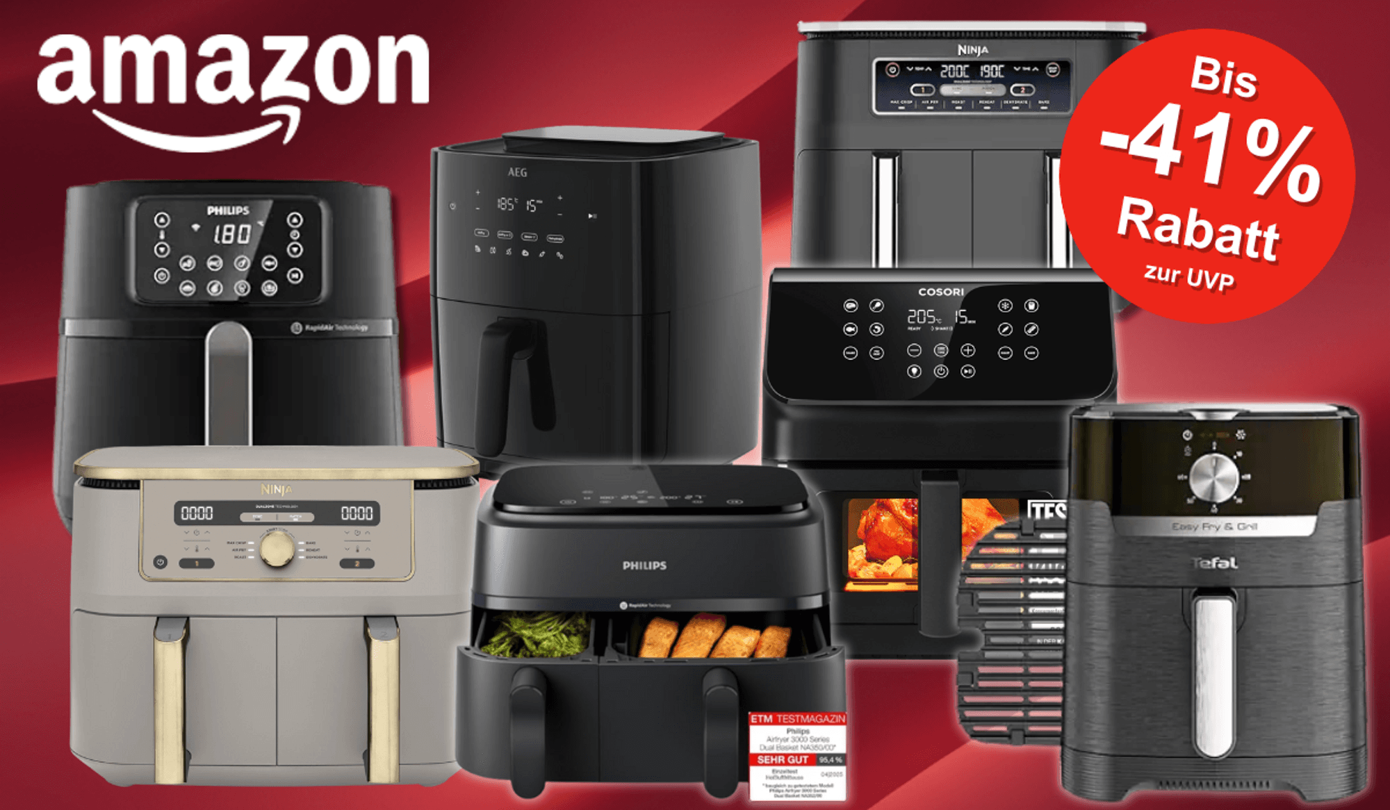 Verschiedene Airfryer von Cosori, Tefal, Ninja und Philips vor einem roten Hintergrund.
