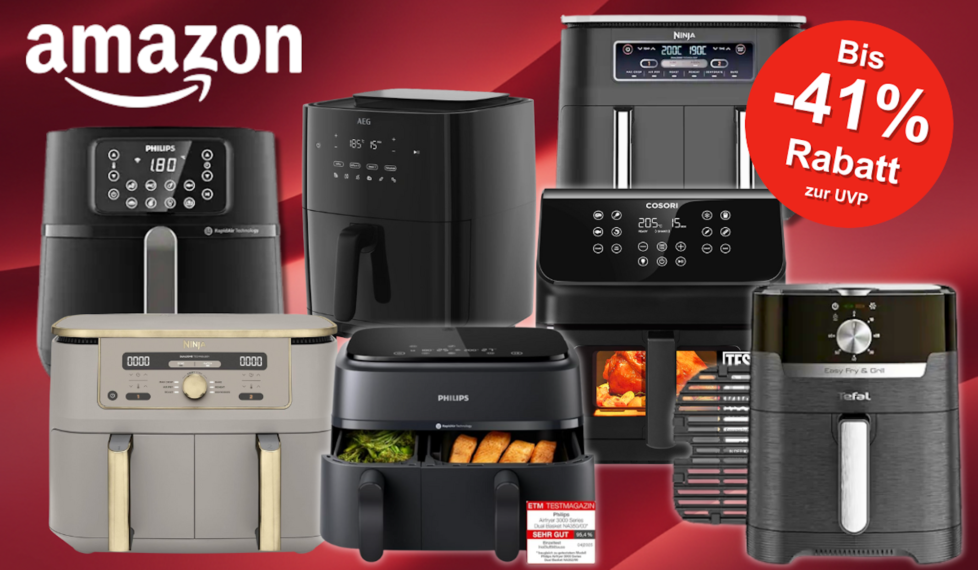 Verschiedene Airfryer von Cosori, Tefal, Ninja und Philips vor einem roten Hintergrund.