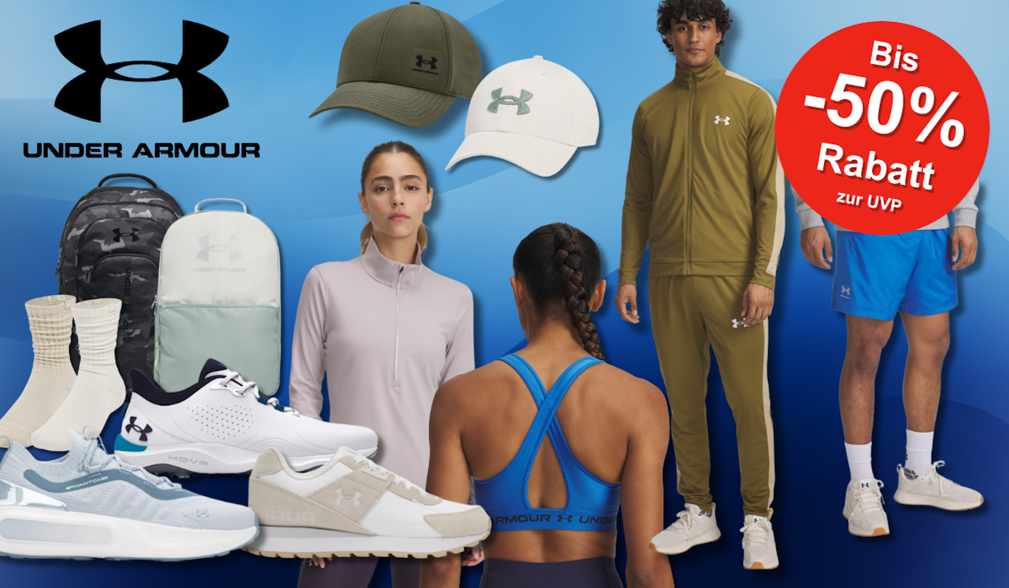 Produktbilder von Under Armour Caps, Rucksäcken, Oberteile, Sport BHs, Jogginghosen & Sneakern, die es aktuell reduziert im Under Armour Sale gibt.