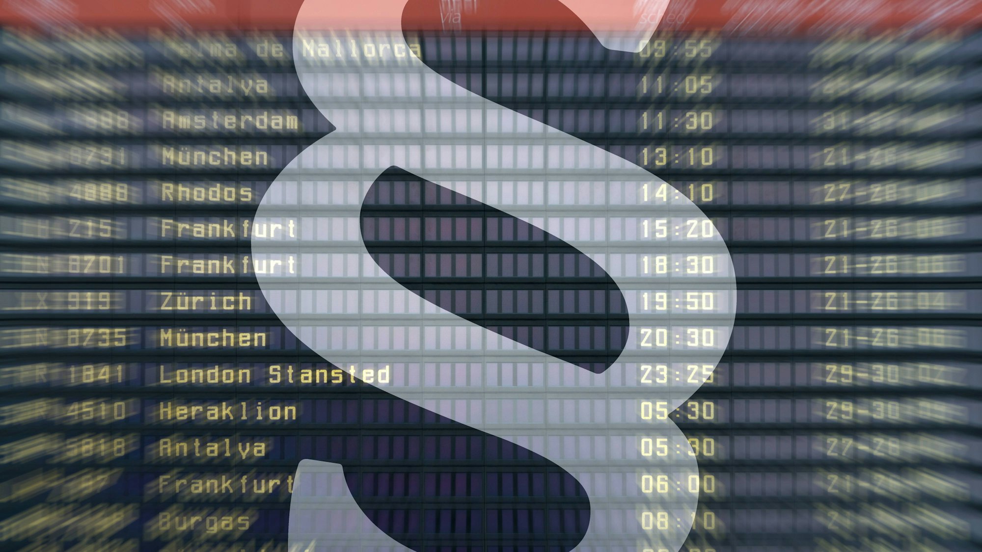 Paragrafenzeichen mit Flughafen Anzeigetafel im Hintergrund
