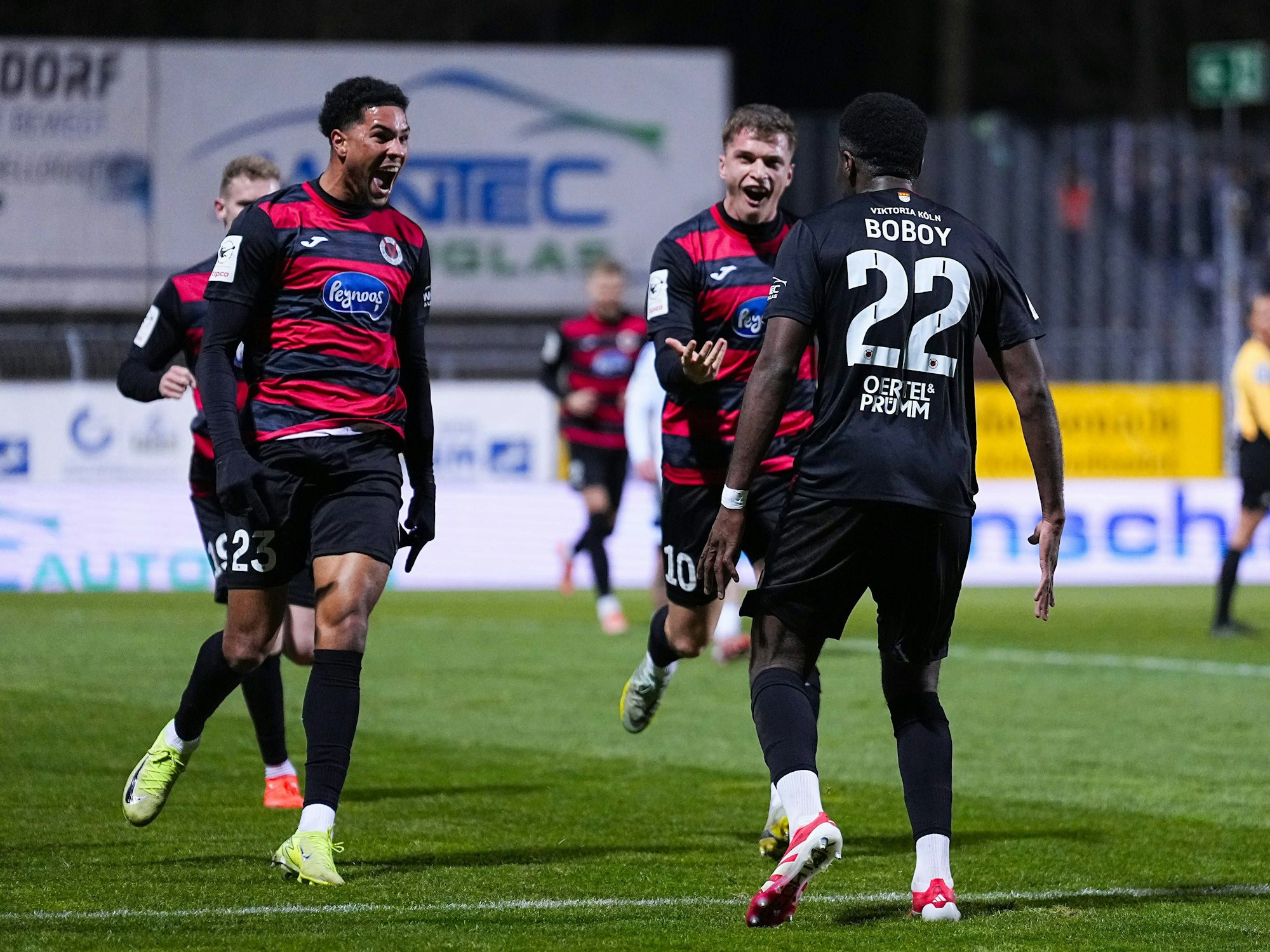 Viktoria-Profi Verthomy Boboy feiert mit seinem Teamkollegen seinen Treffer.