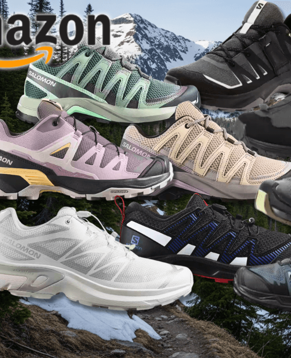 Verschiedene Salomon Sneaker Modelle vor einem Hintergrund mit Bergen.