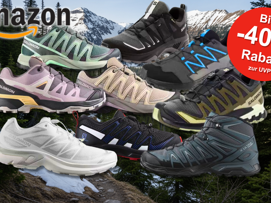 Verschiedene Salomon Sneaker Modelle vor einem Hintergrund mit Bergen.