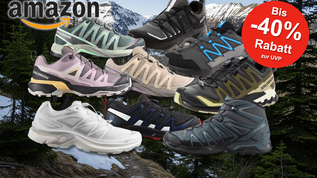 Verschiedene Salomon Sneaker Modelle vor einem Hintergrund mit Bergen.