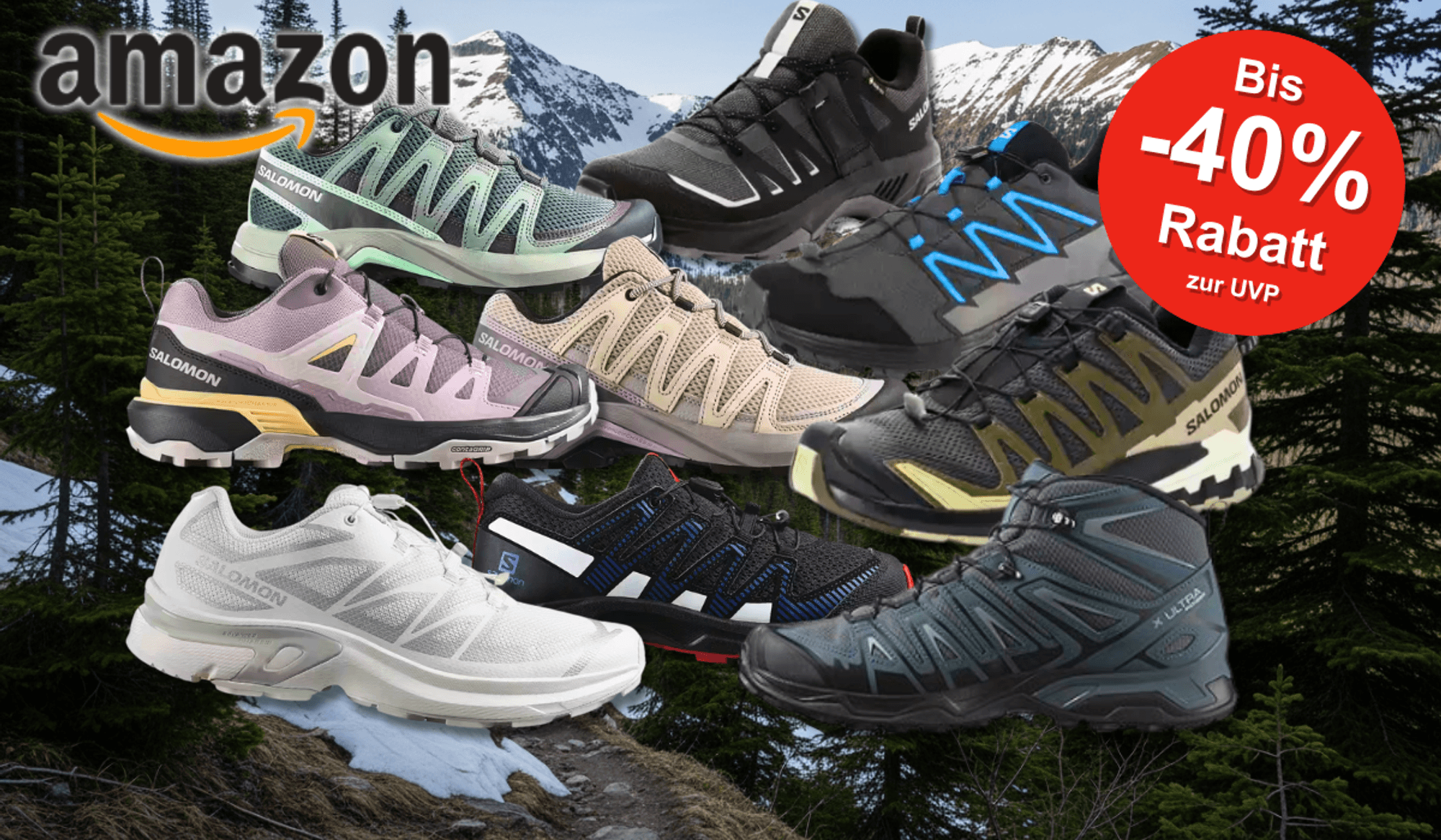 Verschiedene Salomon Sneaker Modelle vor einem Hintergrund mit Bergen.
