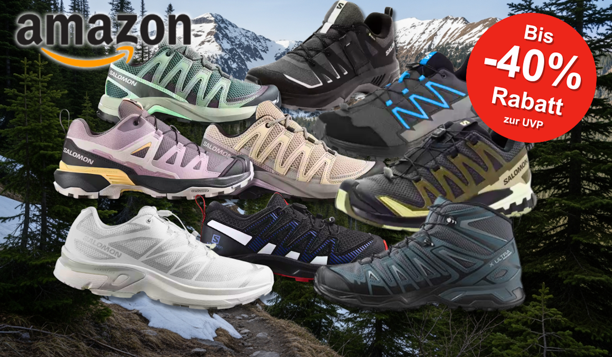 Verschiedene Salomon Sneaker Modelle vor einem Hintergrund mit Bergen.