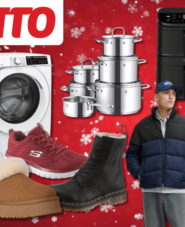 Verschiedene Produkte wie eine Waschmaschine, ein Airfryer, Kleidung und Schuhe vor einem roten Hintergrund.