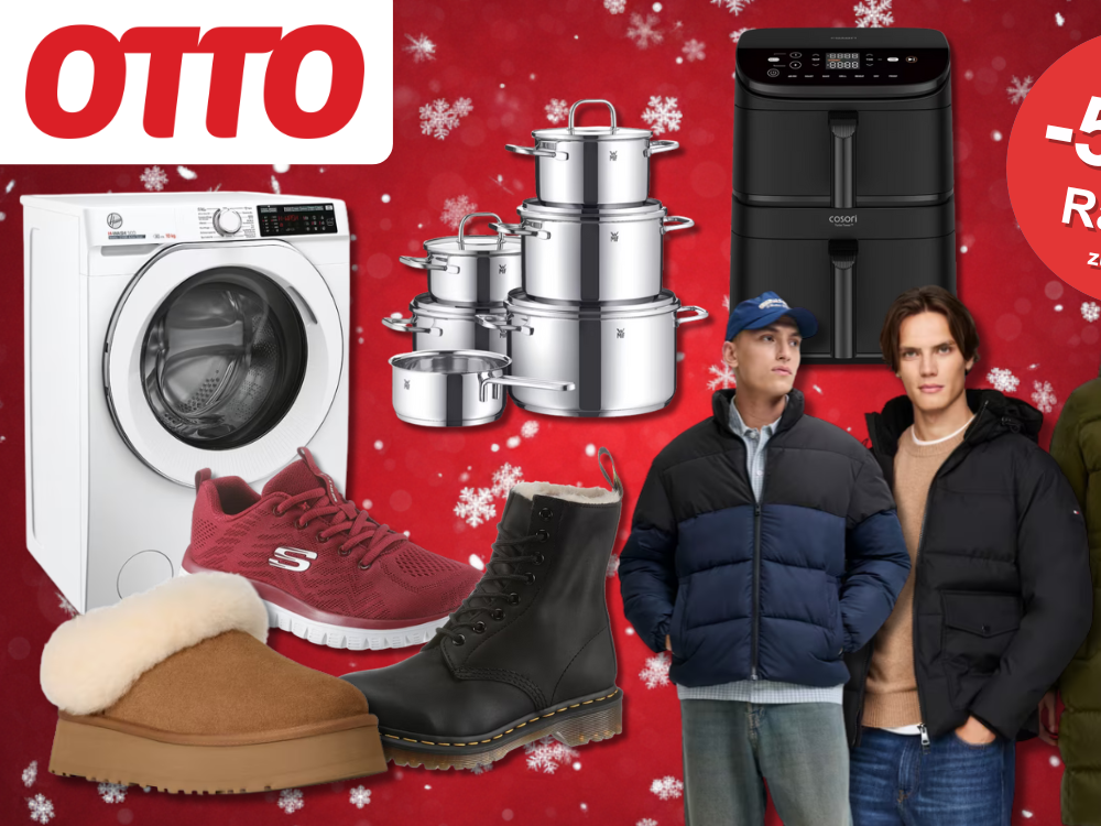 Verschiedene Produkte wie eine Waschmaschine, ein Airfryer, Kleidung und Schuhe vor einem roten Hintergrund.