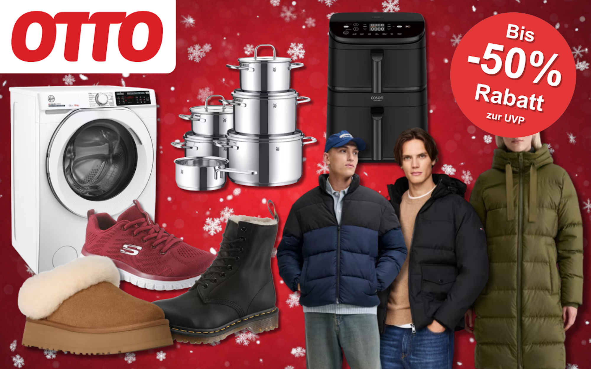Verschiedene Produkte wie eine Waschmaschine, ein Airfryer, Kleidung und Schuhe vor einem roten Hintergrund.