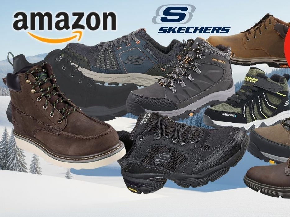 Vor einem großen Bergpanorama mit Schnee, Wäldern und Sonnenschein sind mehrere Skechers Herren Winterschuhe und Winterstiefel und Sneaker in verschiedenen Farben und Designs angeordnet.