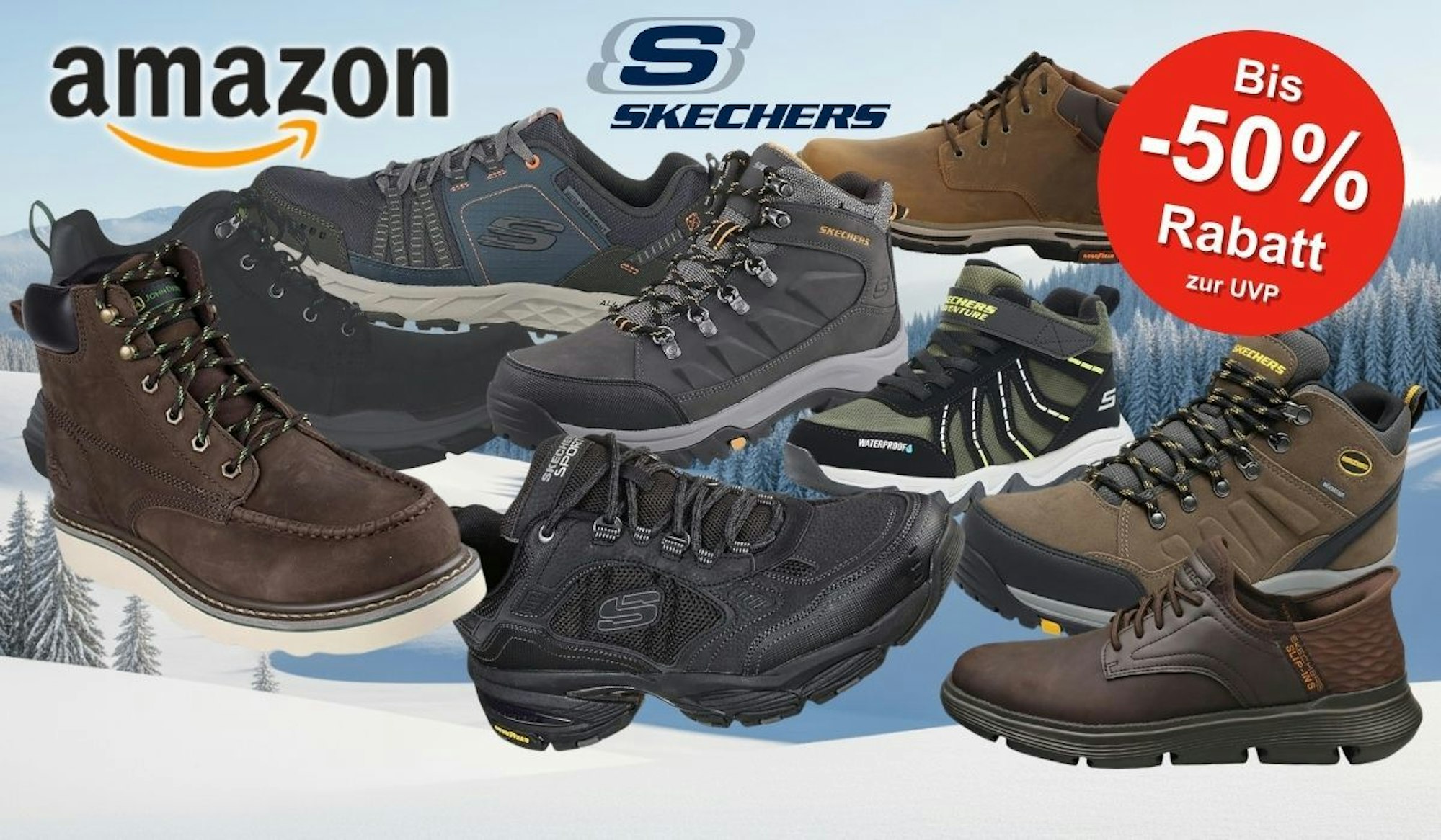 Vor einem großen Bergpanorama mit Schnee, Wäldern und Sonnenschein sind mehrere Skechers Herren Winterschuhe und Winterstiefel und Sneaker in verschiedenen Farben und Designs angeordnet.