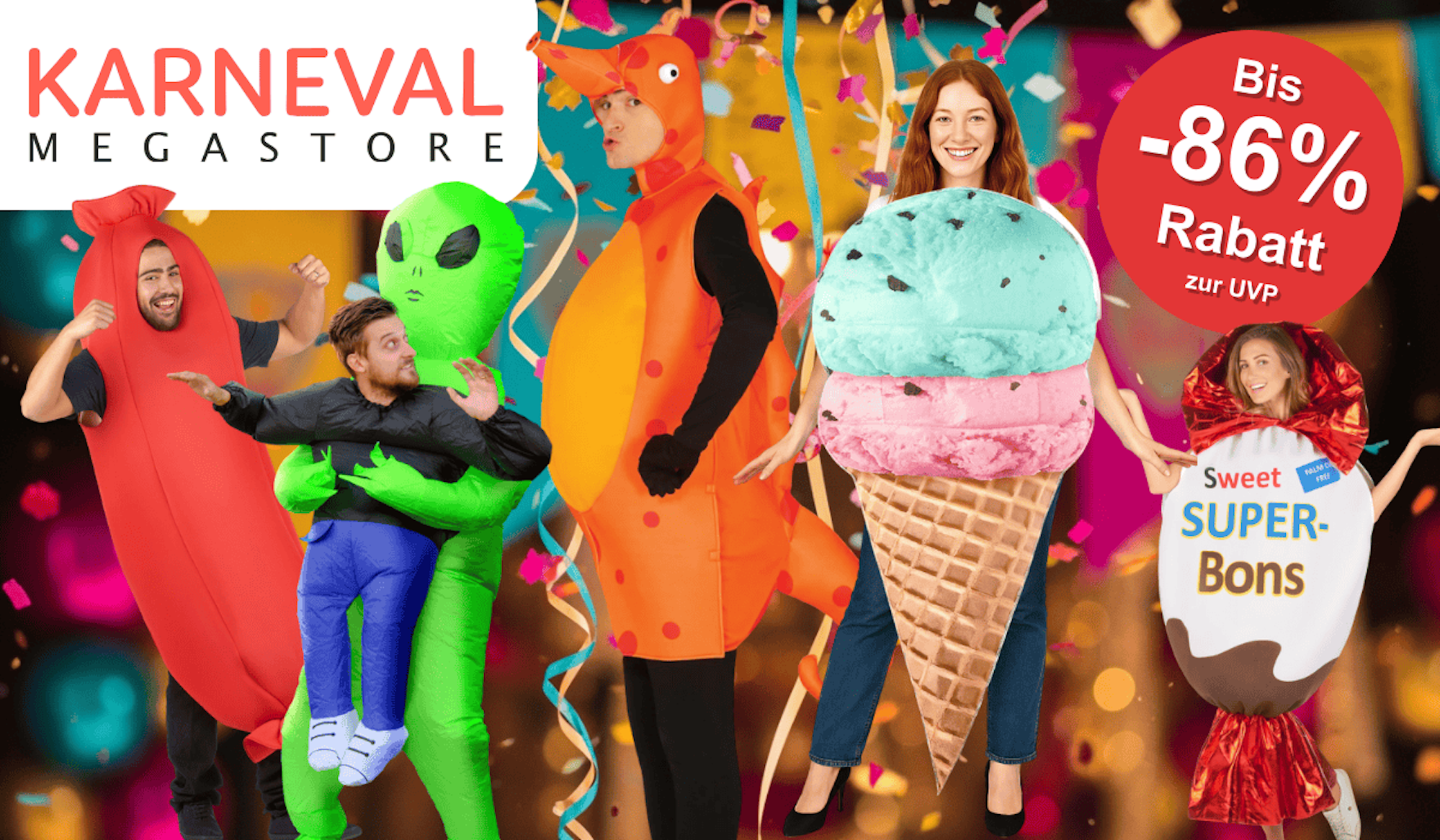 Lustige Karnevalskostüme wie ein Alien, eine Wurst, ein Seepferdchen, eine Eistüte und mehr sind vor einem bunten Hintergrund mit Konfetti platziert.