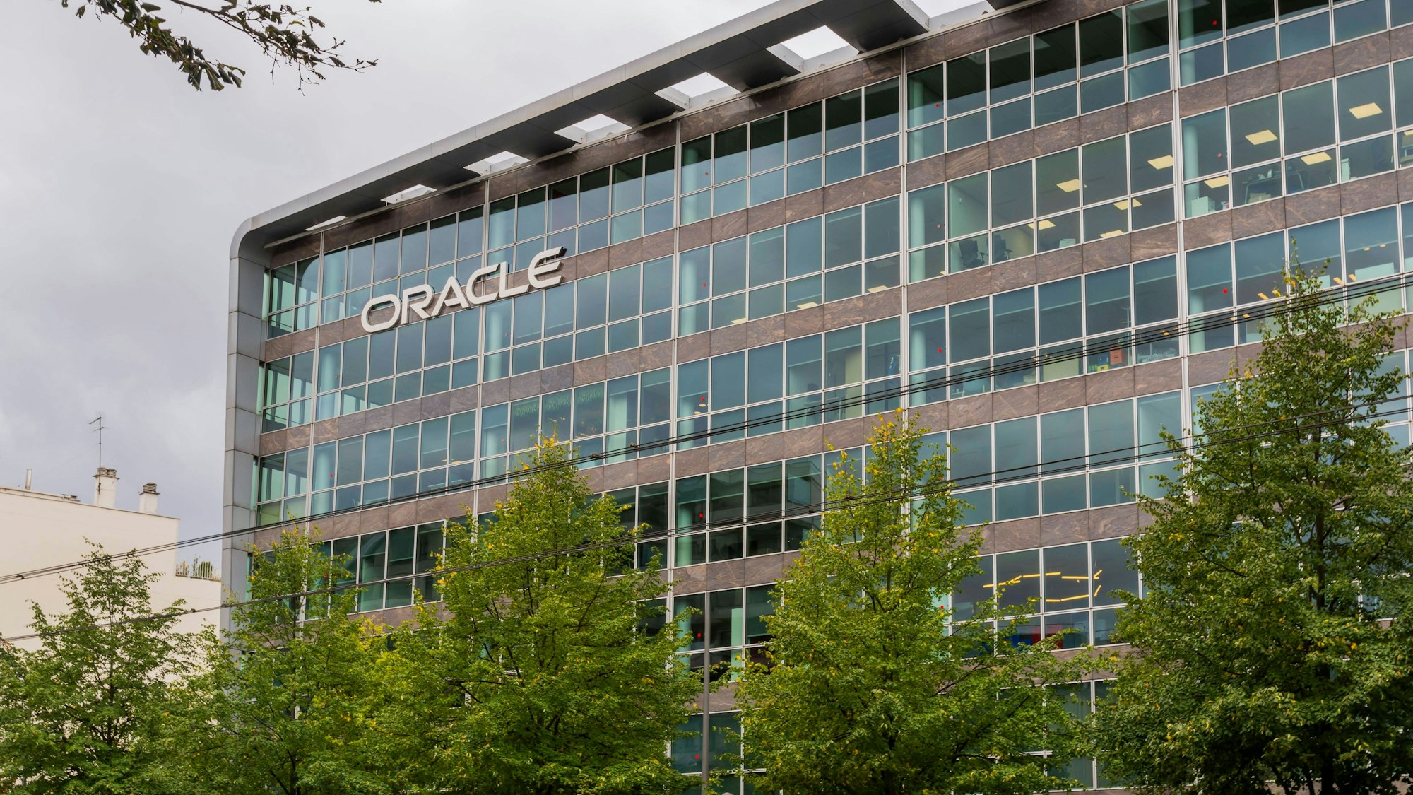 Ein Gebäude mit vielen Fenstern und Bäumen