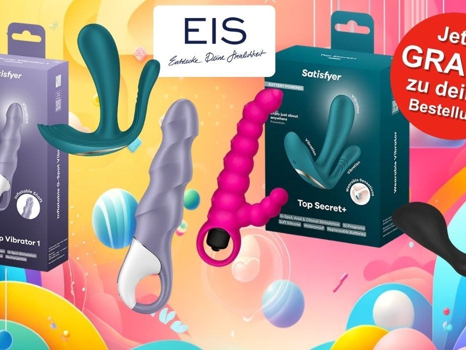 Satisfyer Top Secret+ und Air Pump Vibrator 1 vor einem bunten Hintergrund mit geometrischen Formen.