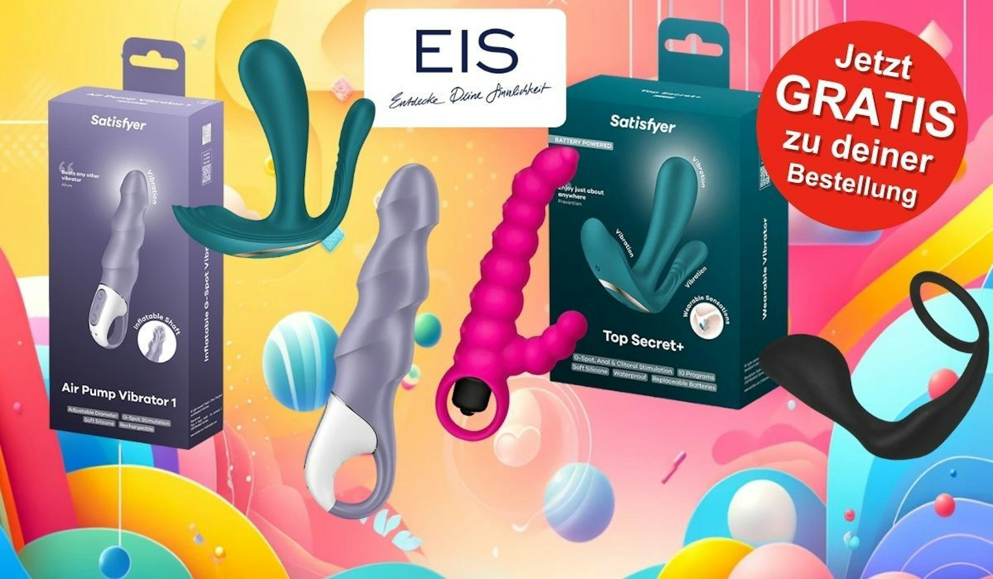 Satisfyer Top Secret+ und Air Pump Vibrator 1 vor einem bunten Hintergrund mit geometrischen Formen.