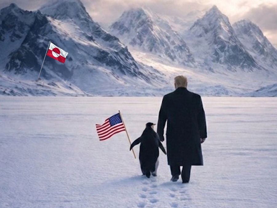 Meme vom Weißen Haus zu Grönland. Trump mit Pinguin an der Hand.