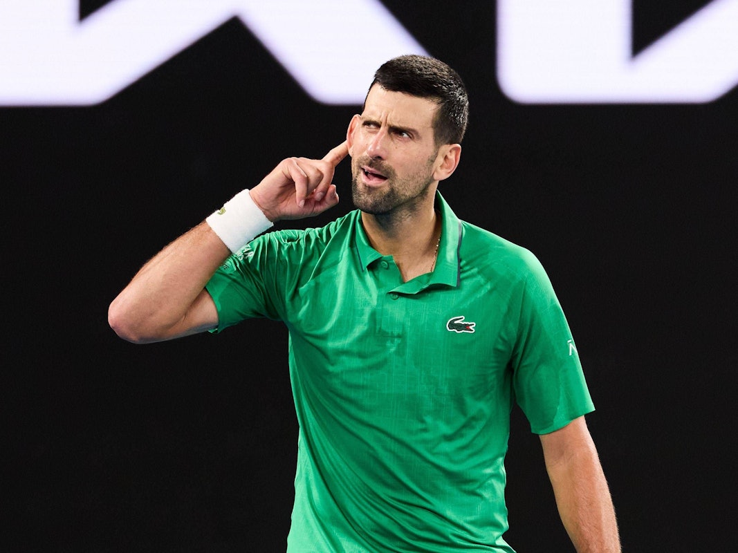 Novak Djokovic hält sich bei Jubel-Geste Finger ans Ohr.