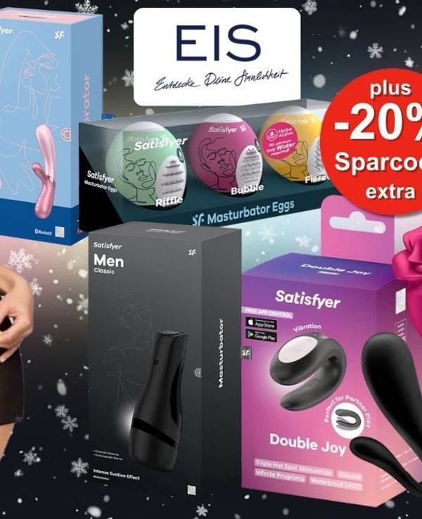 Satisfyer und weitere Spielzeuge für Männer und Frauen, Dessous zum Eis.de Winterschlussverkauf Sale vor einem dunklen Hintergrund mit hellen Schneeflocken.