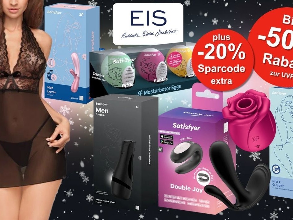 Satisfyer und weitere Spielzeuge für Männer und Frauen, Dessous zum Eis.de Winterschlussverkauf Sale vor einem dunklen Hintergrund mit hellen Schneeflocken.