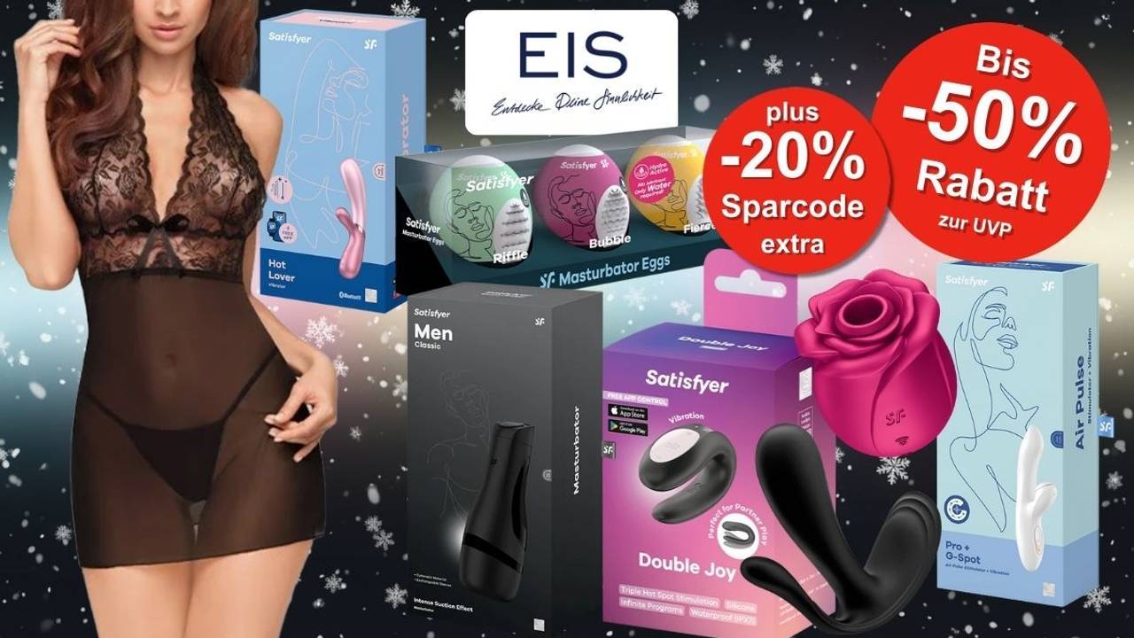 Satisfyer und weitere Spielzeuge für Männer und Frauen, Dessous zum Eis.de Winterschlussverkauf Sale vor einem dunklen Hintergrund mit hellen Schneeflocken.