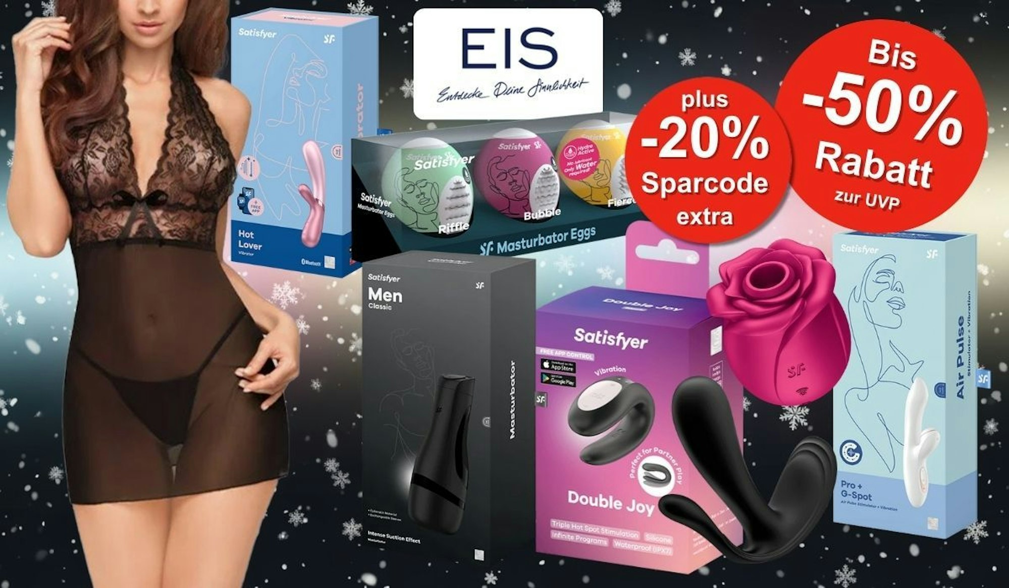 Satisfyer und weitere Spielzeuge für Männer und Frauen, Dessous zum Eis.de Winterschlussverkauf Sale vor einem dunklen Hintergrund mit hellen Schneeflocken.