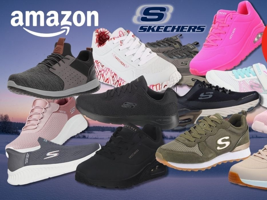 Skechers Sneaker in vielen Modellen, Farben und Designs vor einer Schneelandschaft in der Nacht mit leicht erleuchtetem Himmel im Hintergrund.