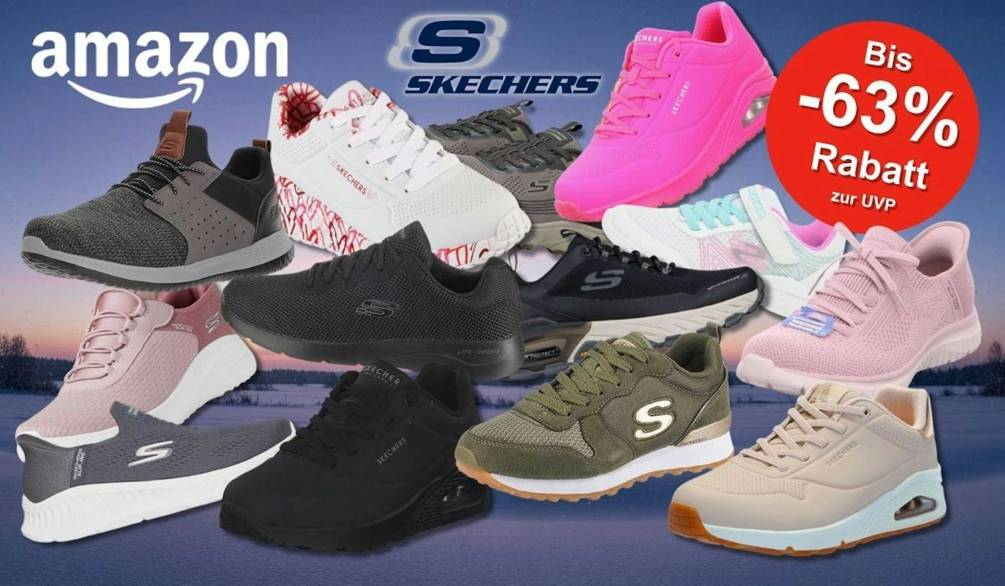 Skechers Sneaker in vielen Modellen, Farben und Designs vor einer Schneelandschaft in der Nacht mit leicht erleuchtetem Himmel im Hintergrund.