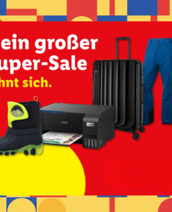 Lidl Logo und Sale-Produkte vor rotem Hintergrund.