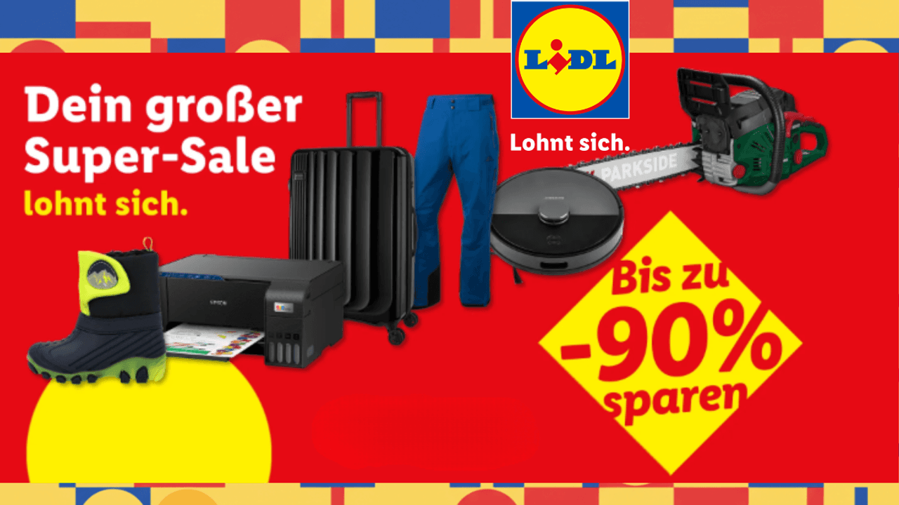 Lidl Logo und Sale-Produkte vor rotem Hintergrund.