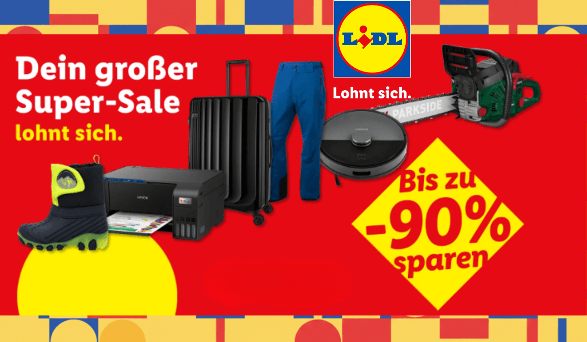 Lidl Logo und Sale-Produkte vor rotem Hintergrund.