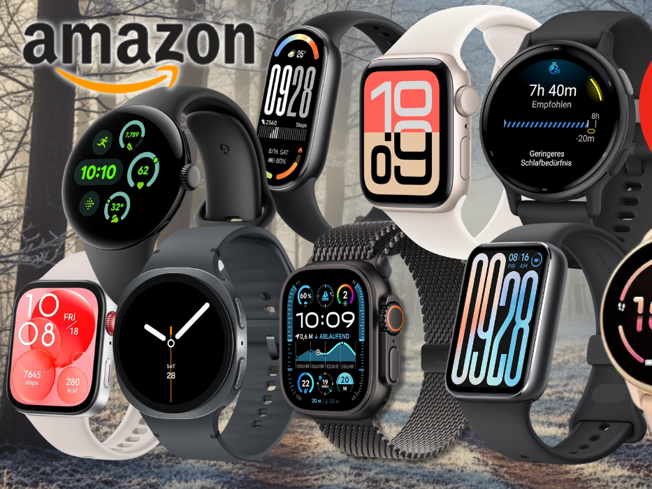 Smartwatch Bestseller Modelle von Apple, Samsung, Garmin, Xiaomi vor einem Hintergrund mit einem schneebedeckten Winterwald.