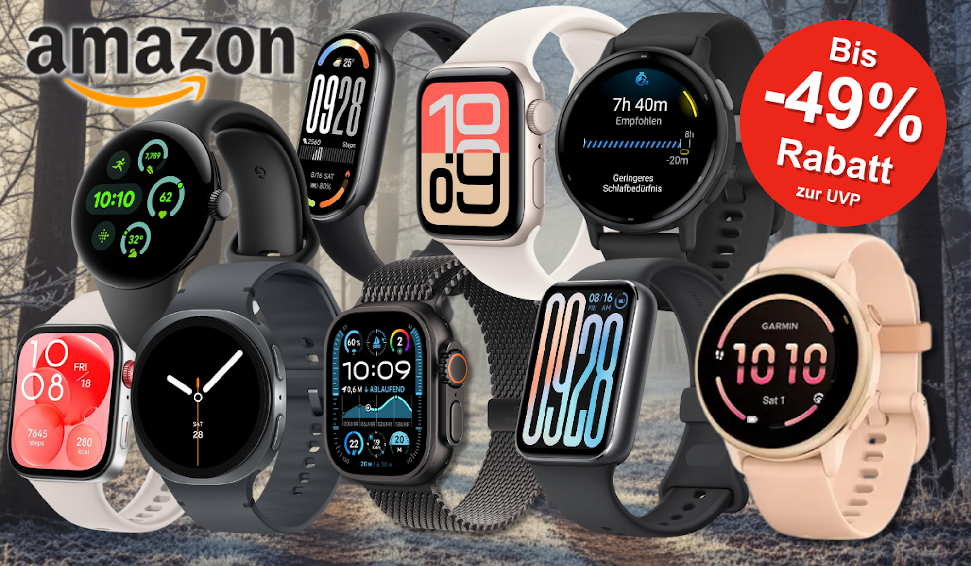 Smartwatch Bestseller Modelle von Apple, Samsung, Garmin, Xiaomi vor einem Hintergrund mit einem schneebedeckten Winterwald.