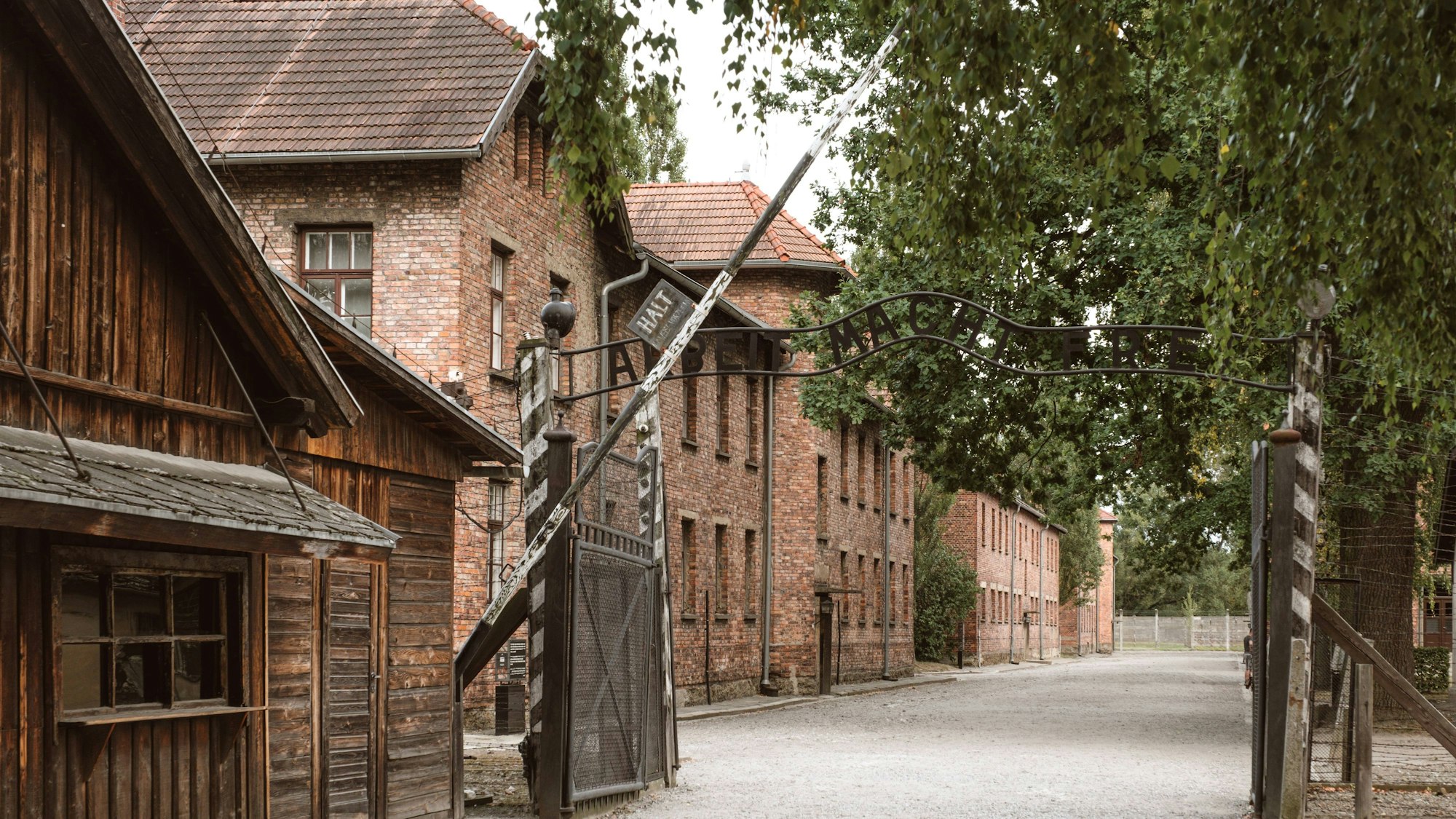 Eingangstor zu alten Gebäuden mit Bäumen