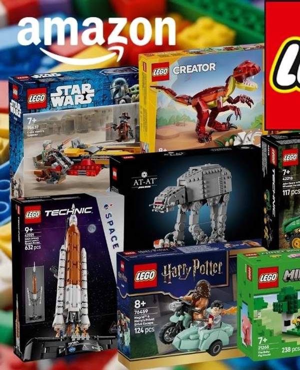 Mehrere Lego-Sets aus verschiedenen Themenwelten wie Star Wars, Technic, Creator, Harry Potter, Minecraft und Icons, arrangiert vor einem farbigen Lego-Hintergrund. Rechts ein roter Hinweis auf bis zu 39% Rabatt bei Amazon.