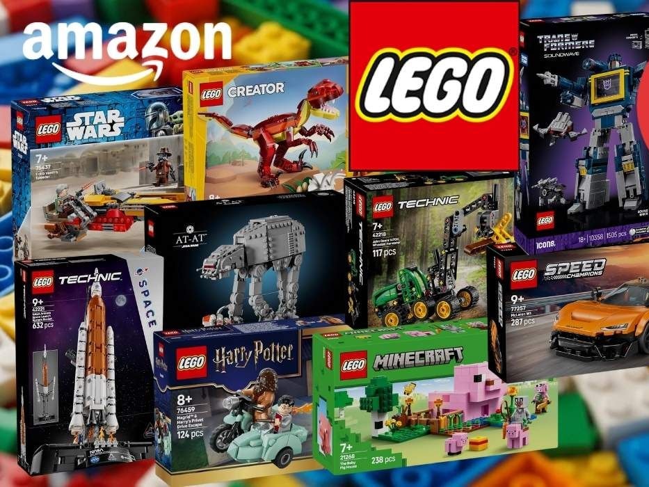 Mehrere Lego-Sets aus verschiedenen Themenwelten wie Star Wars, Technic, Creator, Harry Potter, Minecraft und Icons, arrangiert vor einem farbigen Lego-Hintergrund. Rechts ein roter Hinweis auf bis zu 39% Rabatt bei Amazon.