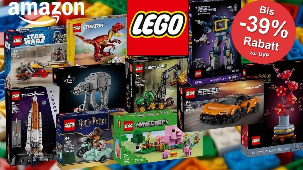 Mehrere Lego-Sets aus verschiedenen Themenwelten wie Star Wars, Technic, Creator, Harry Potter, Minecraft und Icons, arrangiert vor einem farbigen Lego-Hintergrund. Rechts ein roter Hinweis auf bis zu 39% Rabatt bei Amazon.