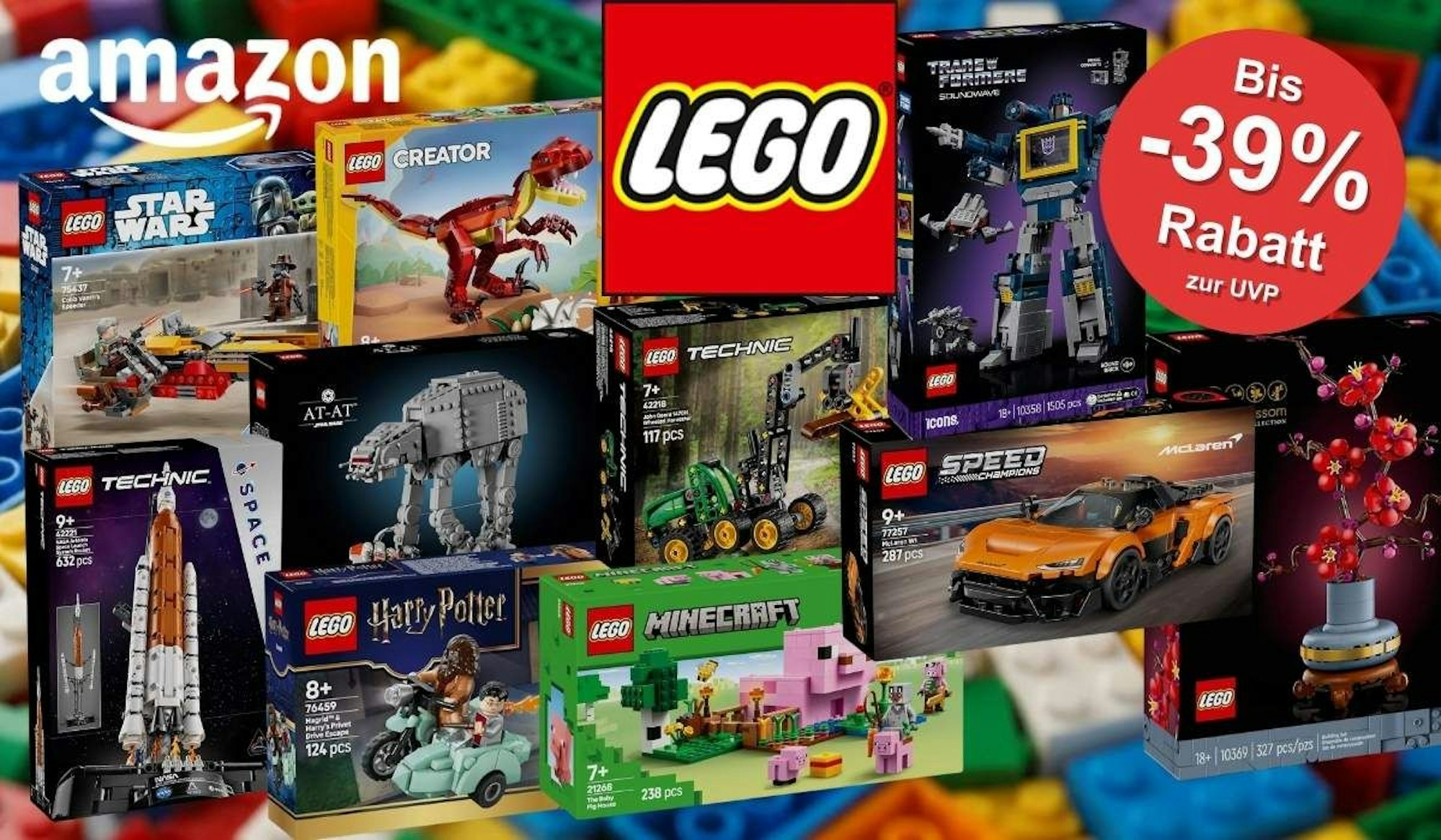 Mehrere Lego-Sets aus verschiedenen Themenwelten wie Star Wars, Technic, Creator, Harry Potter, Minecraft und Icons, arrangiert vor einem farbigen Lego-Hintergrund. Rechts ein roter Hinweis auf bis zu 39% Rabatt bei Amazon.