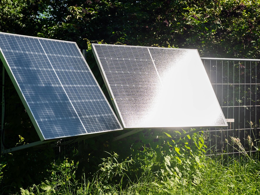 Zwei Solarmodule in grüner Umgebung bei Sonne