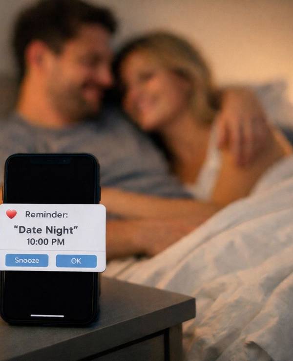 Paar liegt im Bett und hält sich im Arm, auf dem Nachttisch steht ein Wcker mit Termin für ein Date.