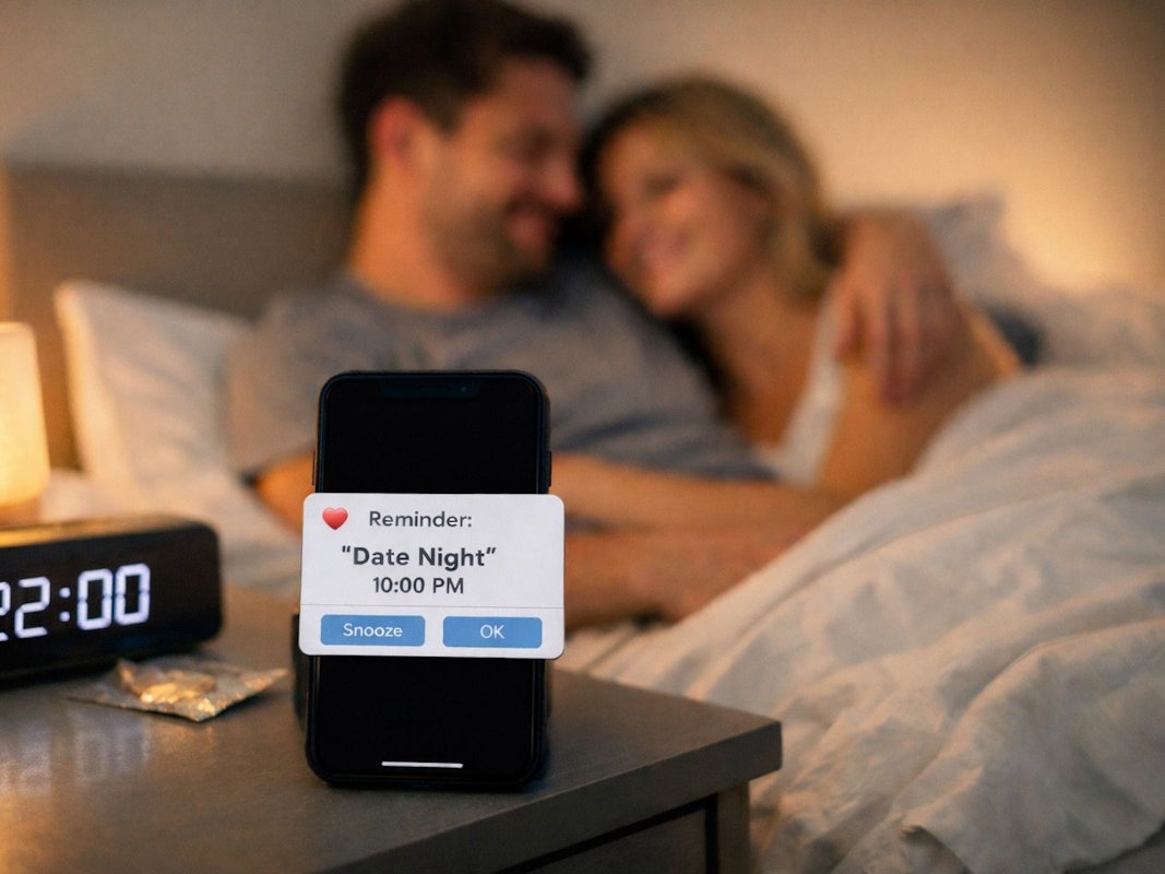 Paar liegt im Bett und hält sich im Arm, auf dem Nachttisch steht ein Wcker mit Termin für ein Date.