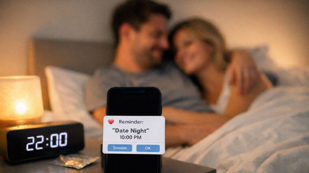 Paar liegt im Bett und hält sich im Arm, auf dem Nachttisch steht ein Wcker mit Termin für ein Date.