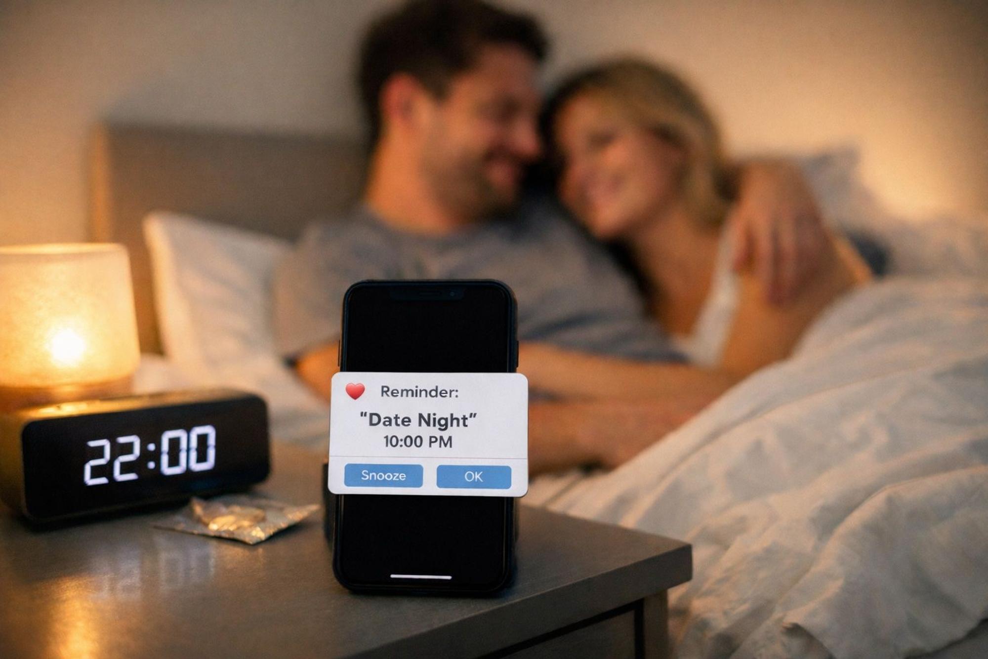Paar liegt im Bett und hält sich im Arm, auf dem Nachttisch steht ein Wcker mit Termin für ein Date.